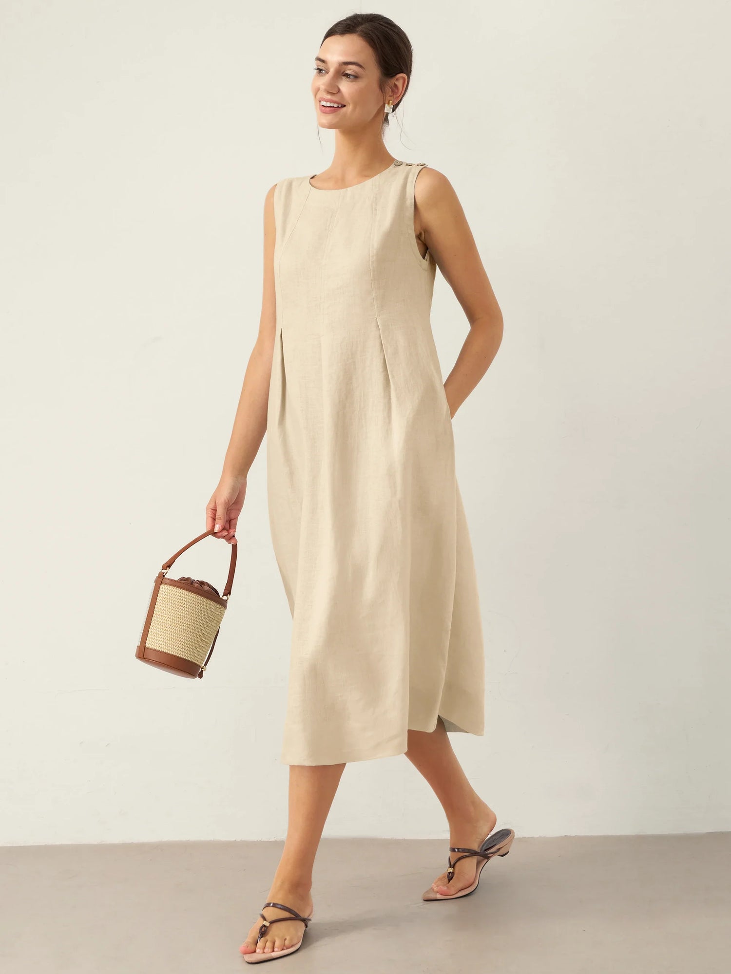 100% Linen Sleeveless Shoulder Button Midi Dress FREYA by LINTICO