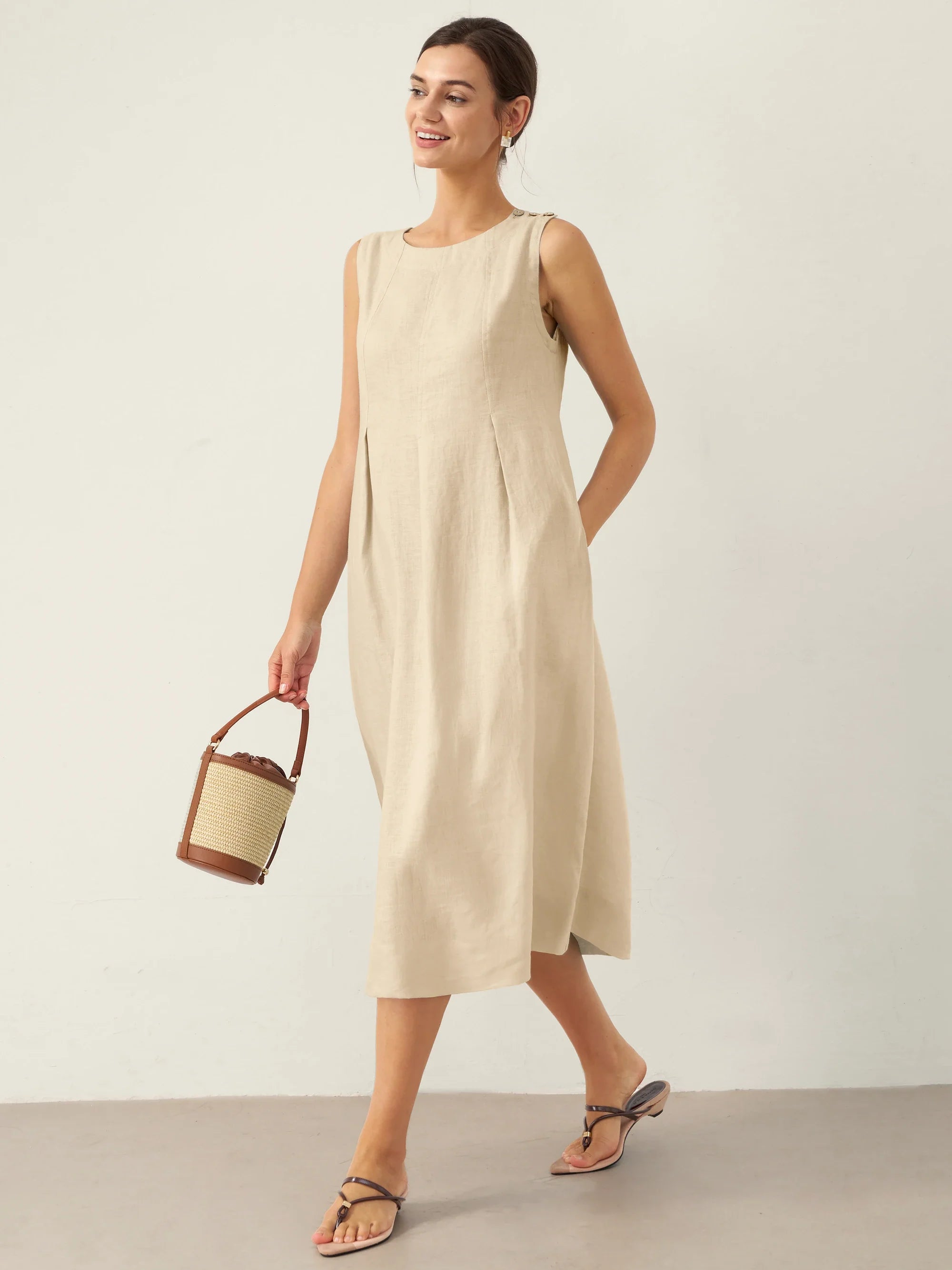 100% Linen Sleeveless Shoulder Button Midi Dress FREYA by LINTICO