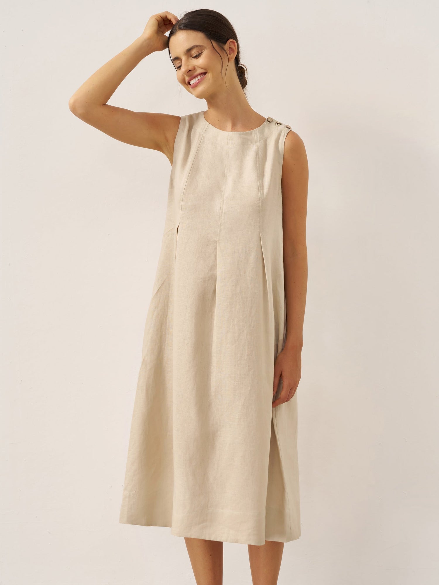 100% Linen Sleeveless Shoulder Button Midi Dress FREYA by LINTICO
