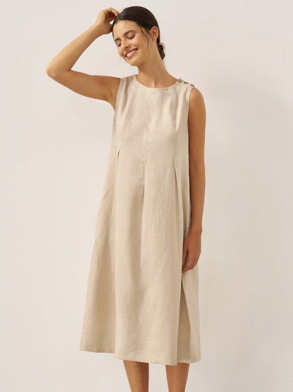 100% Linen Sleeveless Shoulder Button Midi Dress FREYA by LINTICO