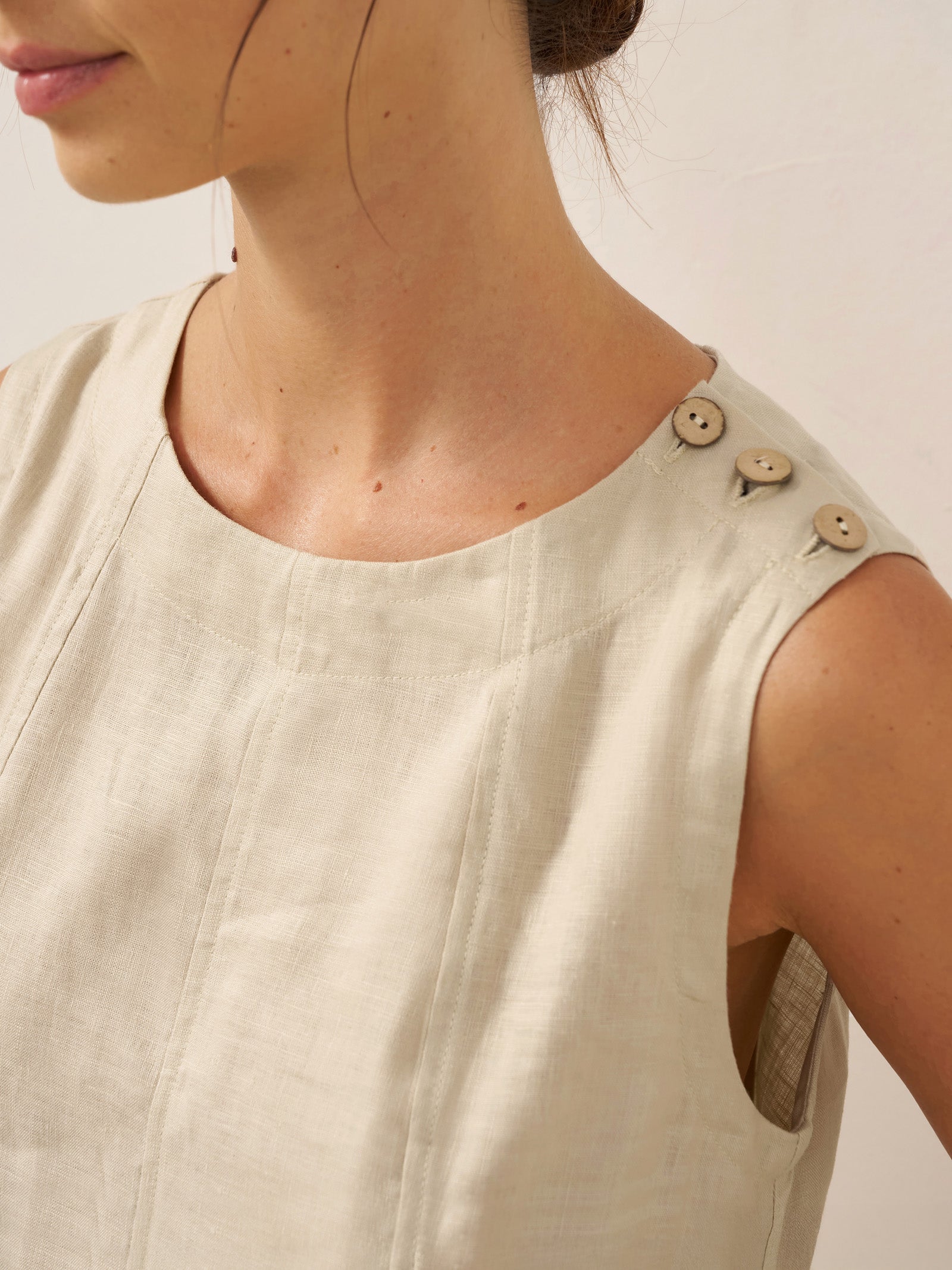100% Linen Sleeveless Shoulder Button Midi Dress FREYA by LINTICO