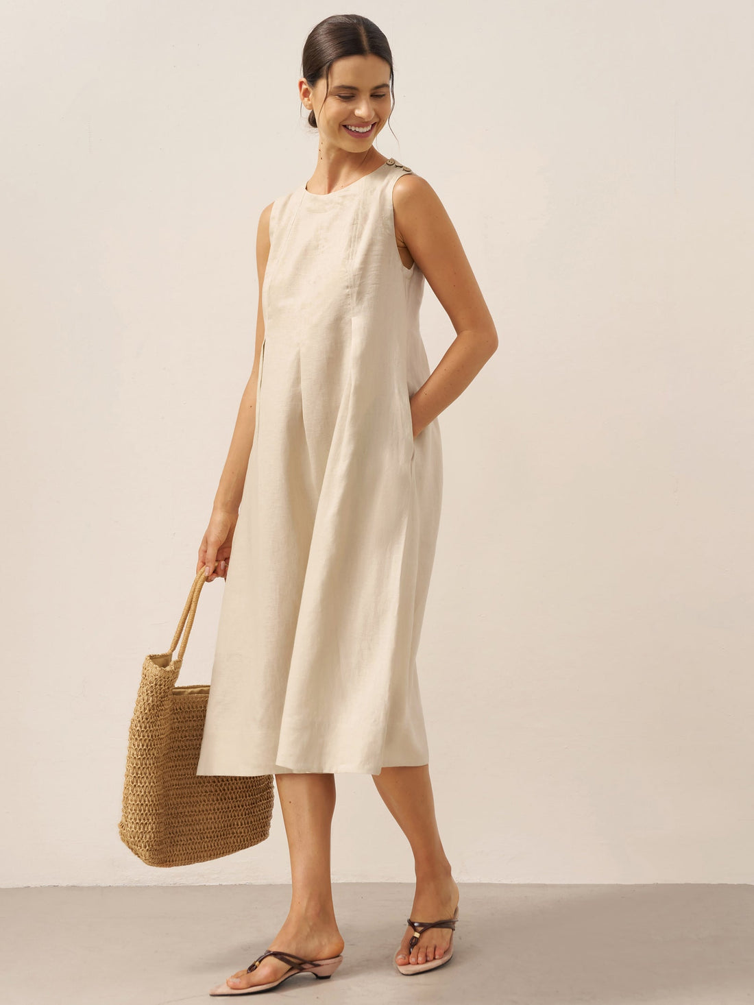 100% Linen Sleeveless Shoulder Button Midi Dress FREYA by LINTICO