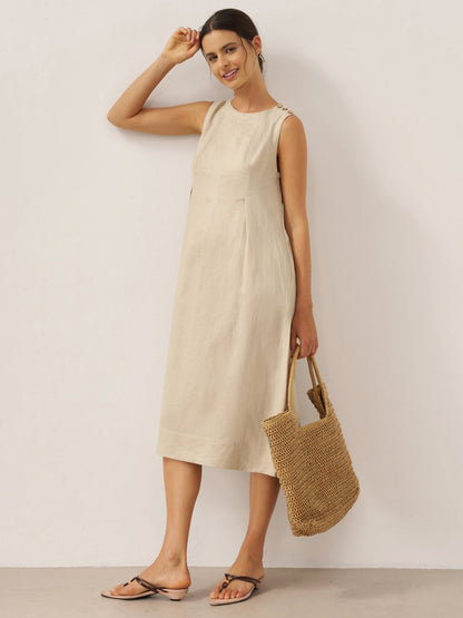 100% Linen Sleeveless Shoulder Button Midi Dress FREYA by LINTICO
