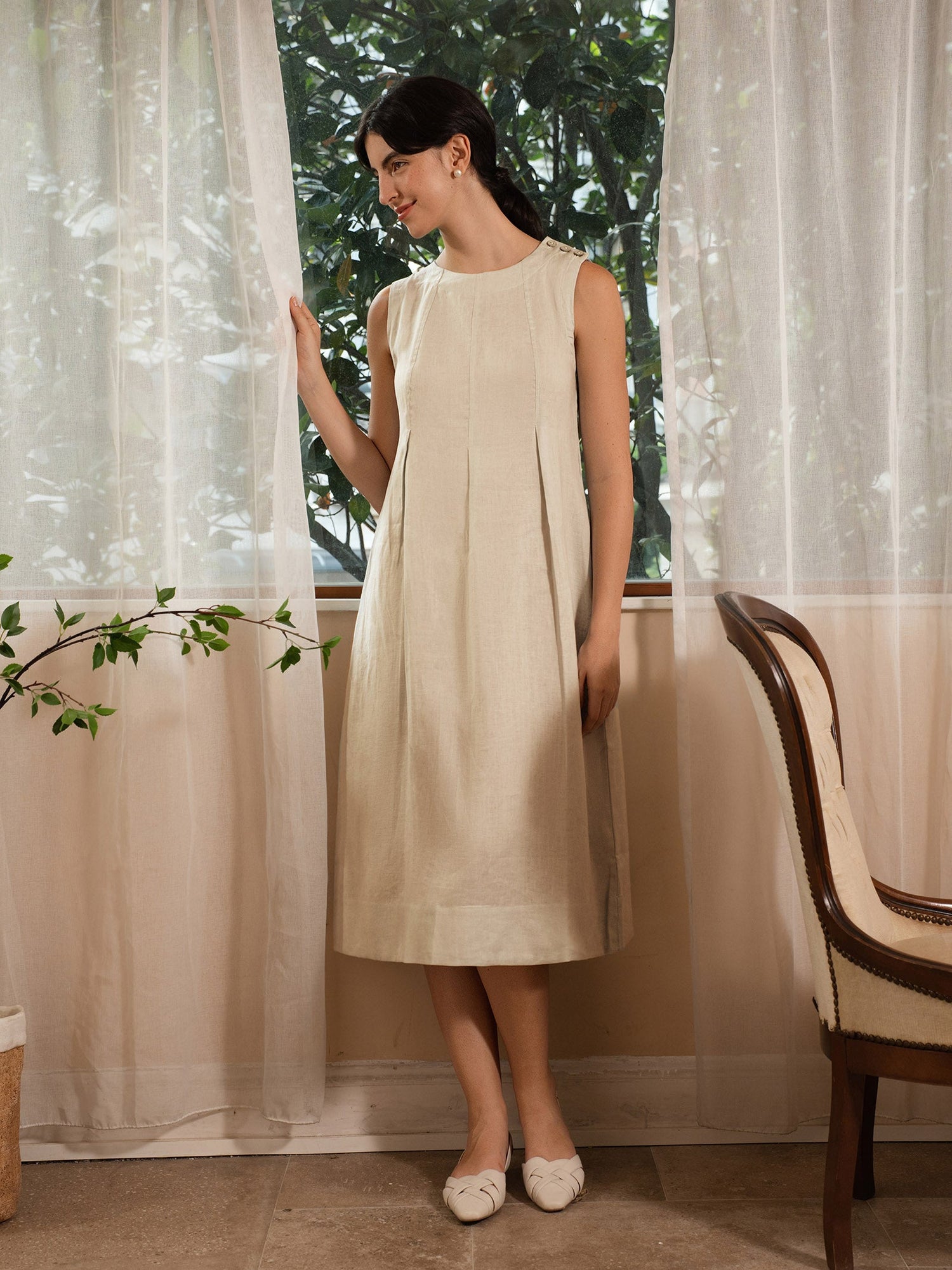 100% Linen Sleeveless Shoulder Button Midi Dress FREYA by LINTICO