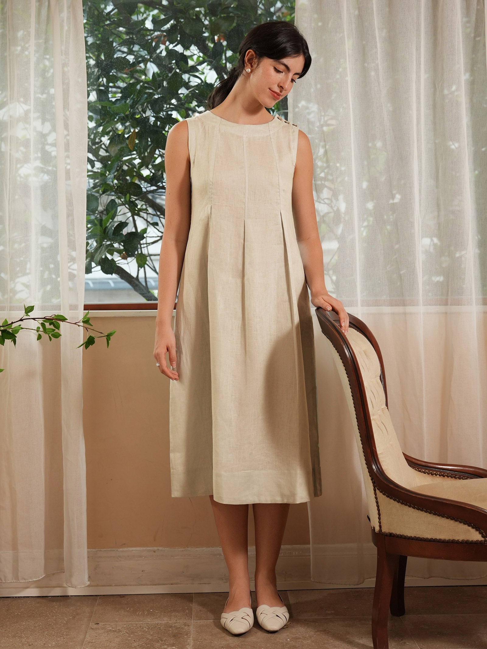 100% Linen Sleeveless Shoulder Button Midi Dress FREYA by LINTICO