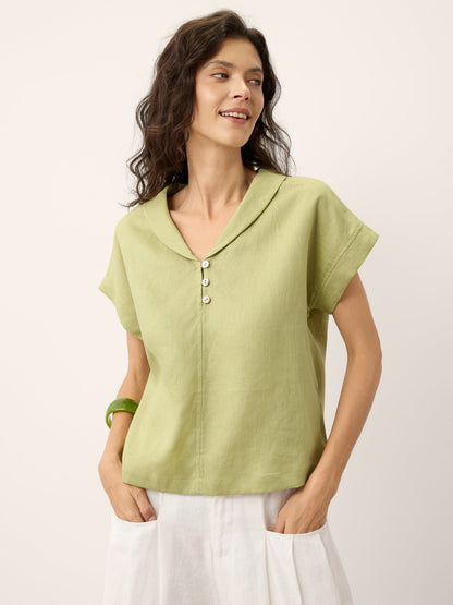 100% Linen Soft Collar Shell Button Rolled Cuff Top HELGA by LINTICO