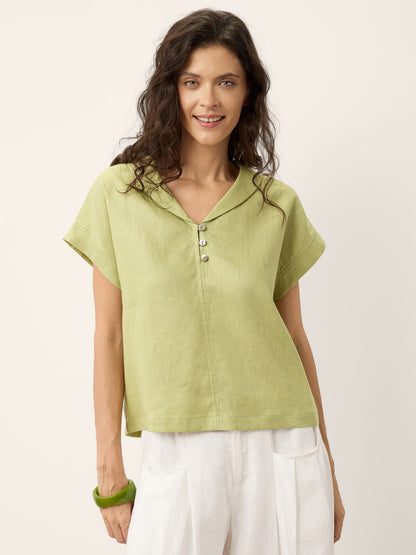 100% Linen Soft Collar Shell Button Rolled Cuff Top HELGA by LINTICO