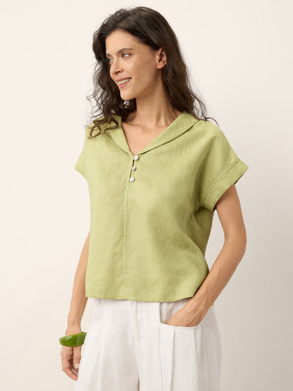 100% Linen Soft Collar Shell Button Rolled Cuff Top HELGA by LINTICO
