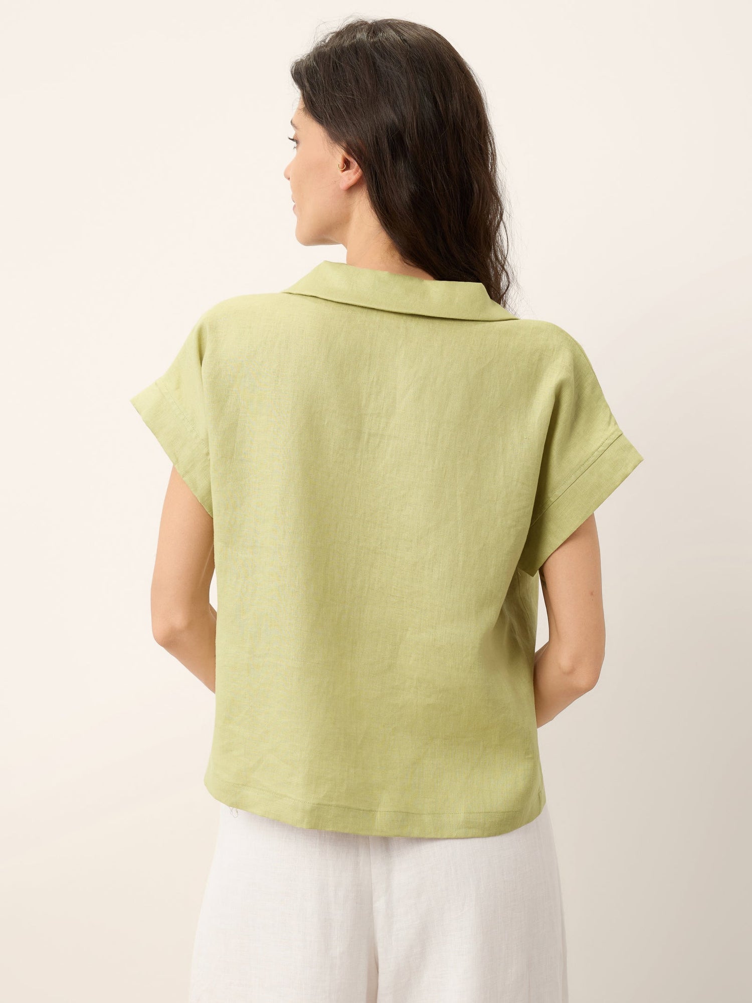 100% Linen Soft Collar Shell Button Rolled Cuff Top HELGA by LINTICO