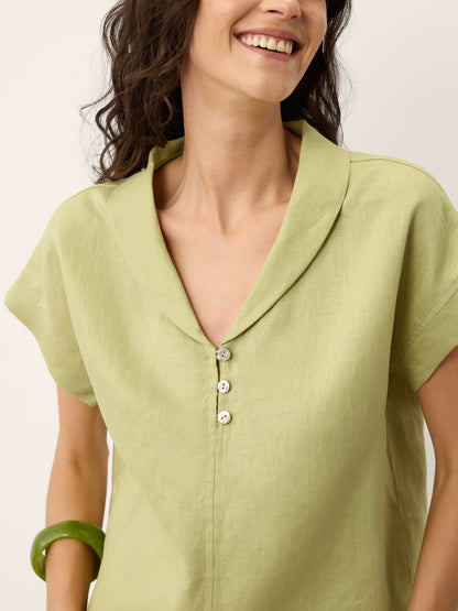 100% Linen Soft Collar Shell Button Rolled Cuff Top HELGA by LINTICO