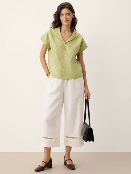 100% Linen Soft Collar Shell Button Rolled Cuff Top HELGA by LINTICO