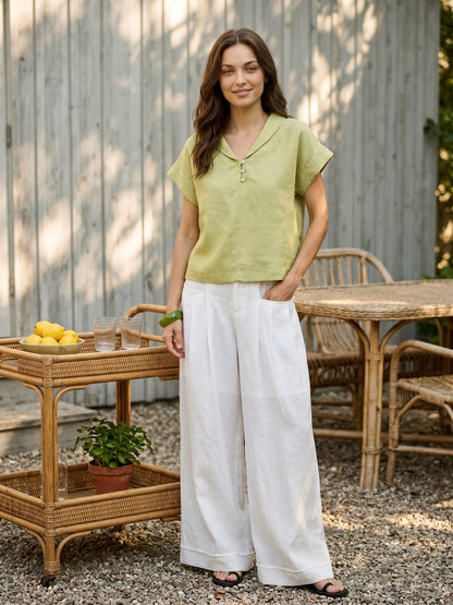 100% Linen Soft Collar Shell Button Rolled Cuff Top HELGA by LINTICO