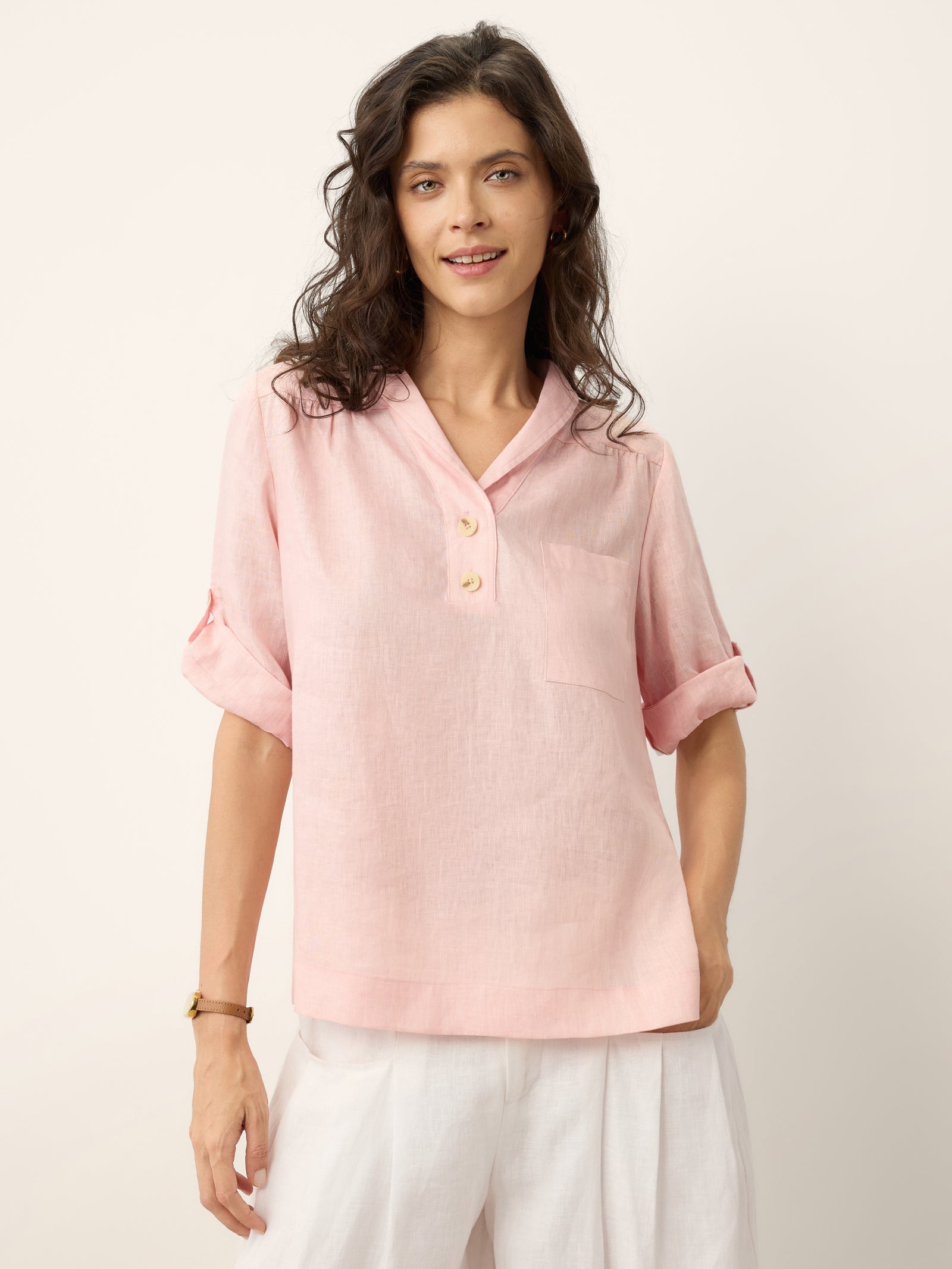 100% Linen Soft Collar Tab Sleeve Top OLGA by LINTICO