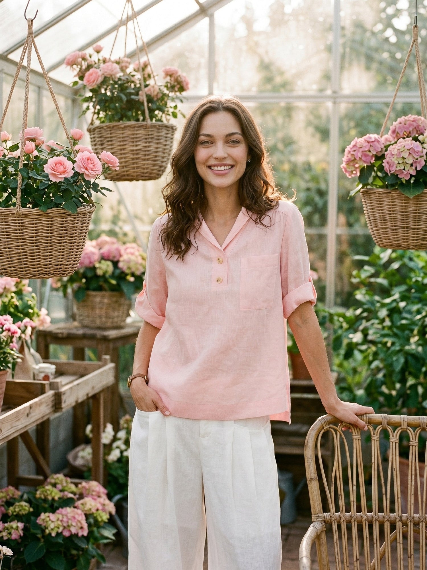 100% Linen Soft Collar Tab Sleeve Top OLGA by LINTICO
