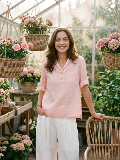 100% Linen Soft Collar Tab Sleeve Top OLGA by LINTICO