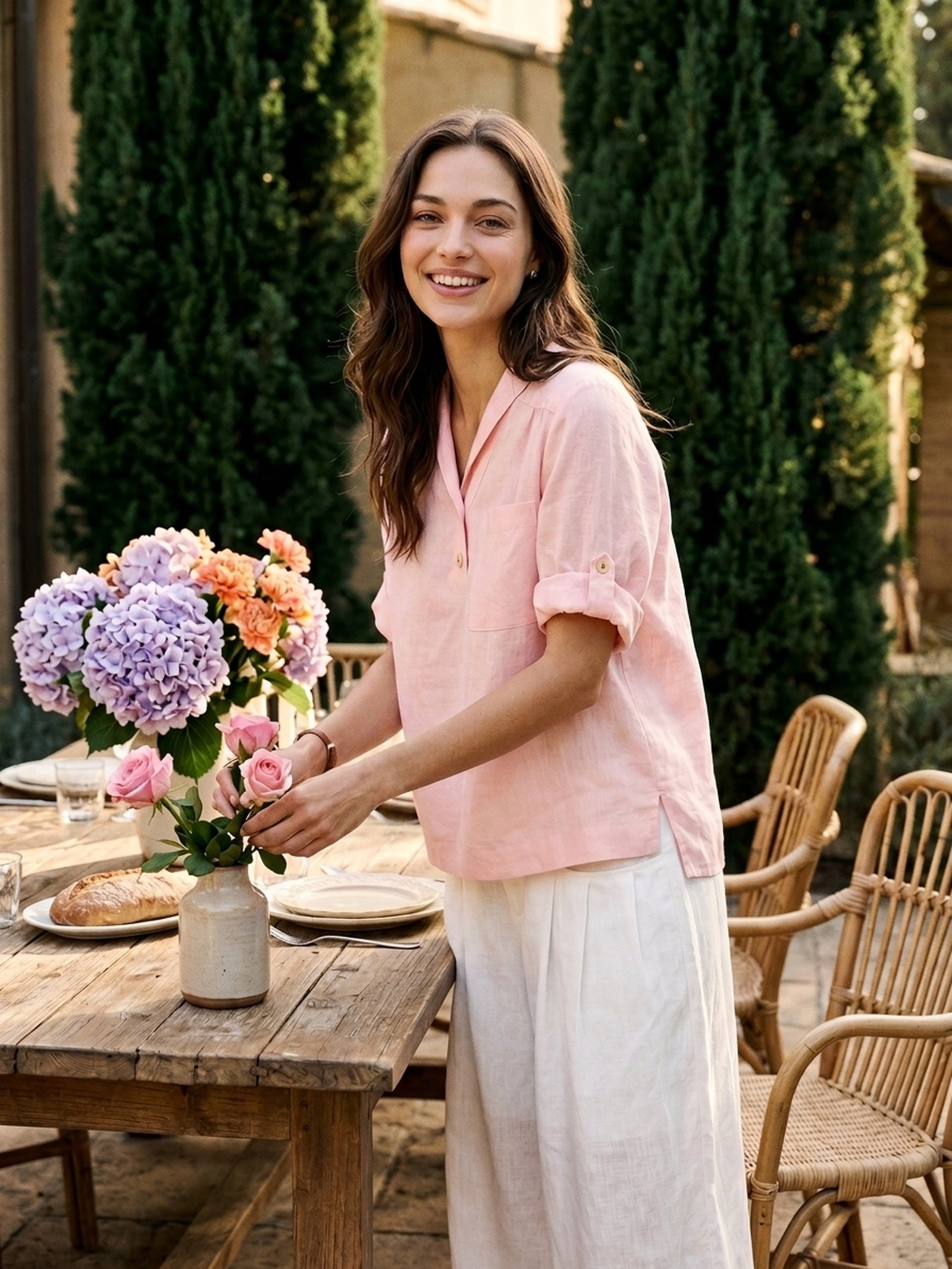 100% Linen Soft Collar Tab Sleeve Top OLGA by LINTICO