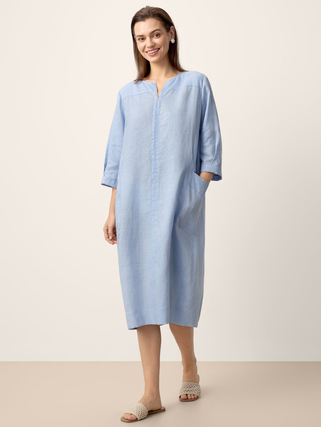 100% Linen Split-Neck Patch-Pocket Mini Dress KALINA by LINTICO