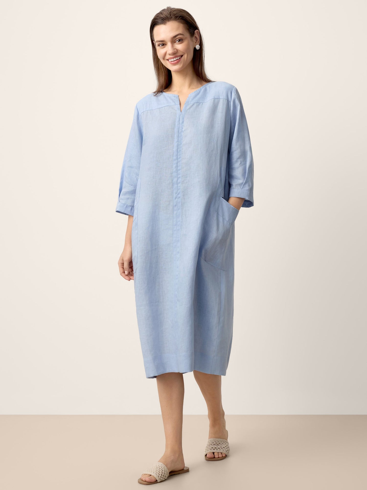 100% Linen Split-Neck Patch-Pocket Mini Dress KALINA by LINTICO
