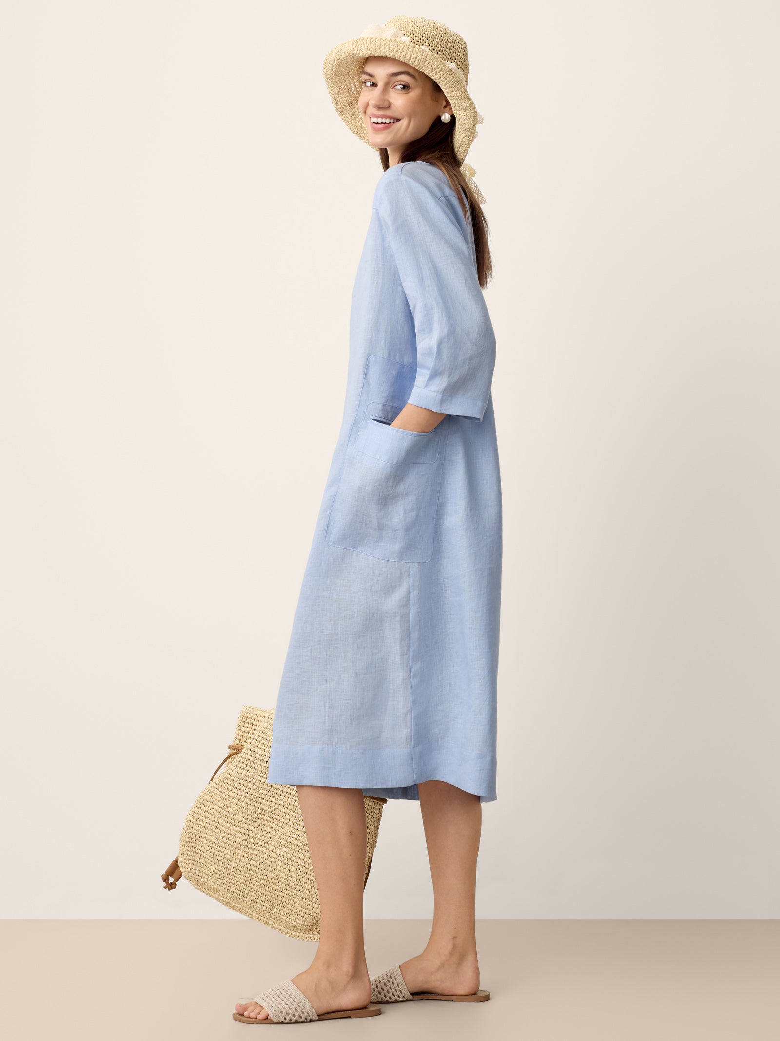 100% Linen Split-Neck Patch-Pocket Mini Dress KALINA by LINTICO