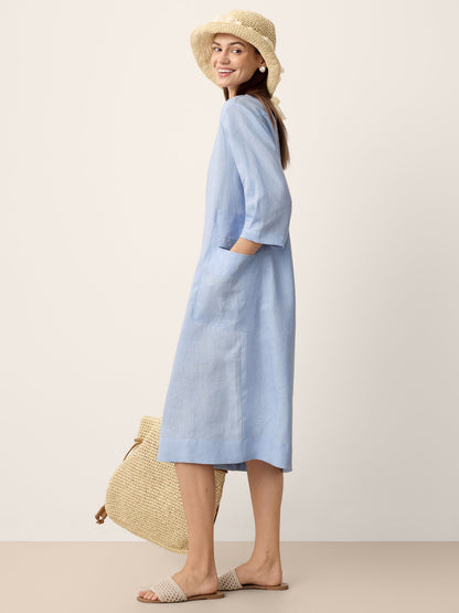 100% Linen Split-Neck Patch-Pocket Mini Dress KALINA by LINTICO