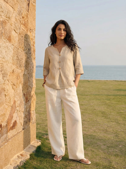 100% Linen Split Neck Inverted Pleat Top TABITHA by LINTICO