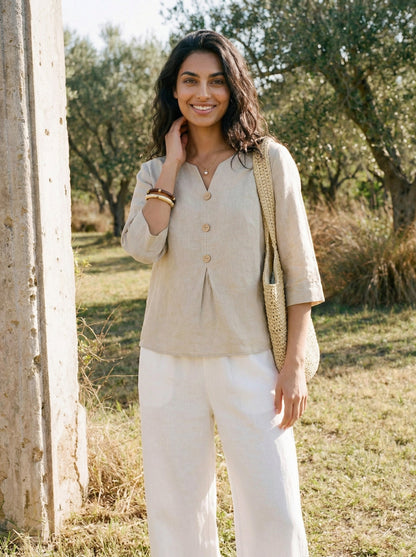 100% Linen Split Neck Inverted Pleat Top TABITHA by LINTICO