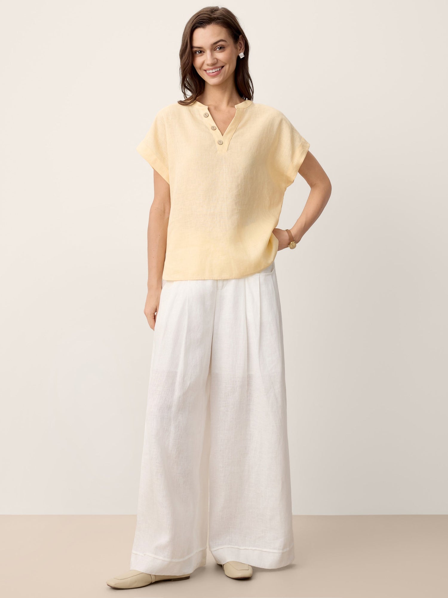 100% Linen Stand-Collar Curved-Hem Top CRESSA by LINTICO