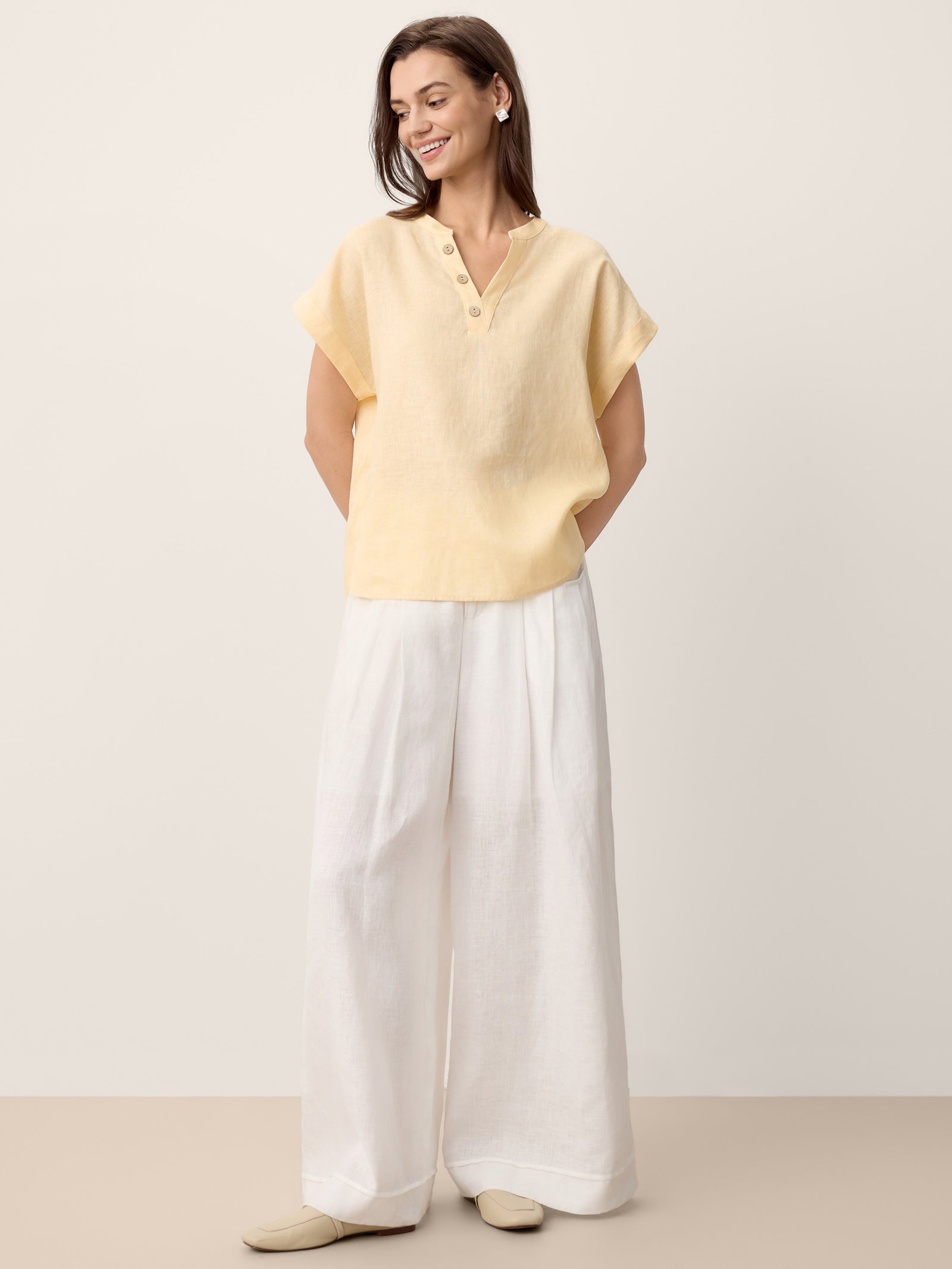 100% Linen Stand-Collar Curved-Hem Top CRESSA by LINTICO