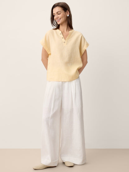100% Linen Stand-Collar Curved-Hem Top CRESSA by LINTICO