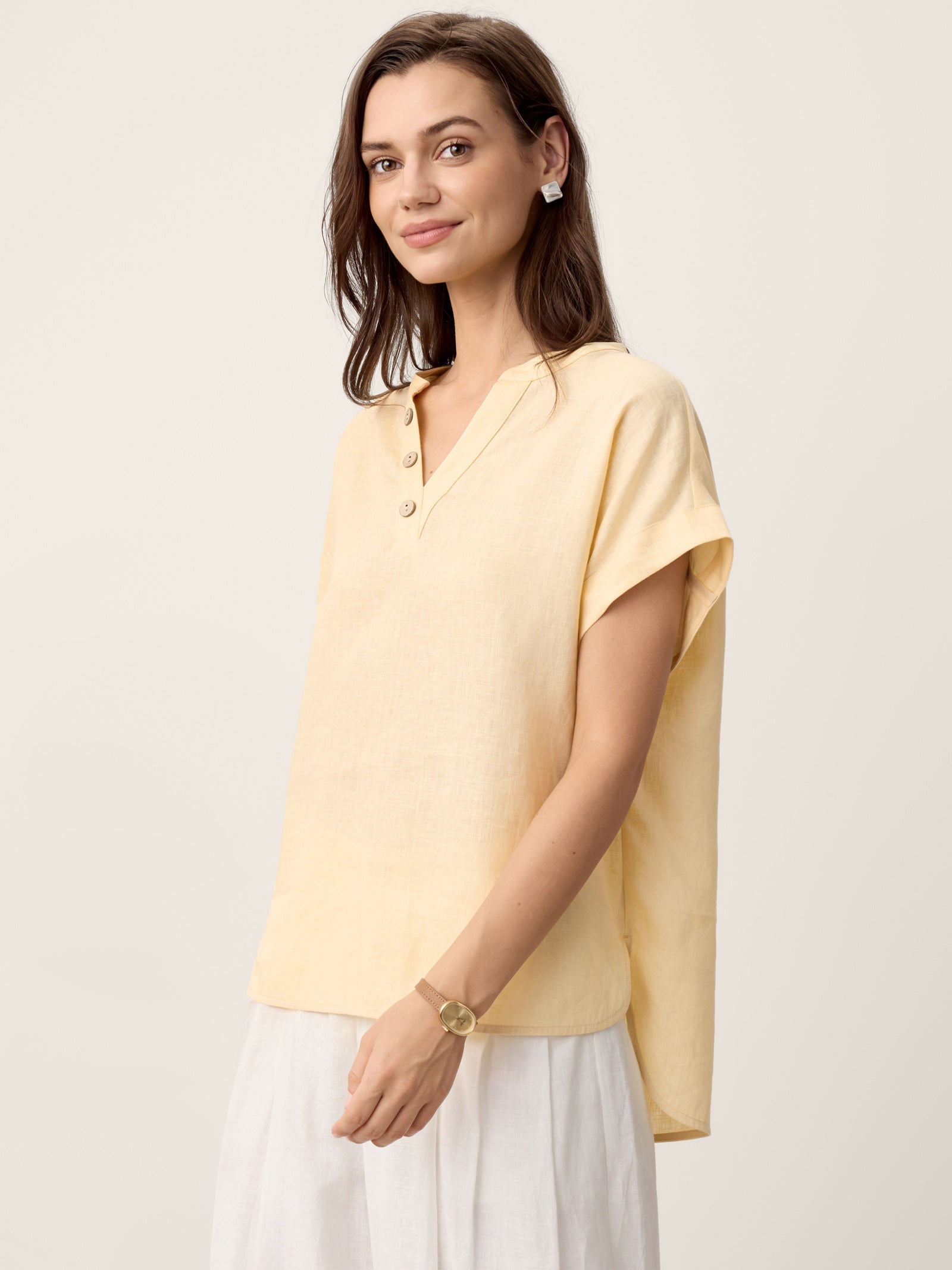 100% Linen Stand-Collar Curved-Hem Top CRESSA by LINTICO