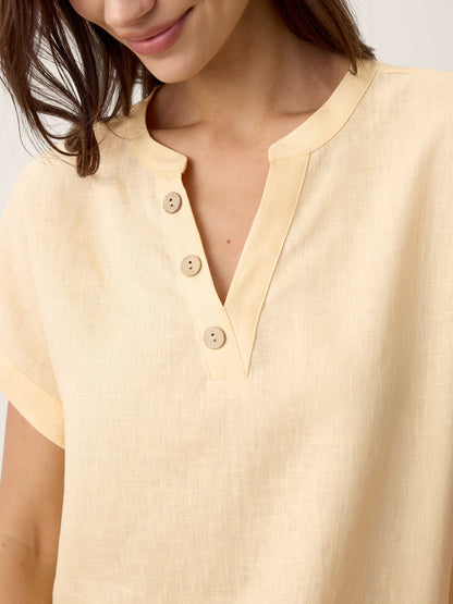 100% Linen Stand-Collar Curved-Hem Top CRESSA by LINTICO
