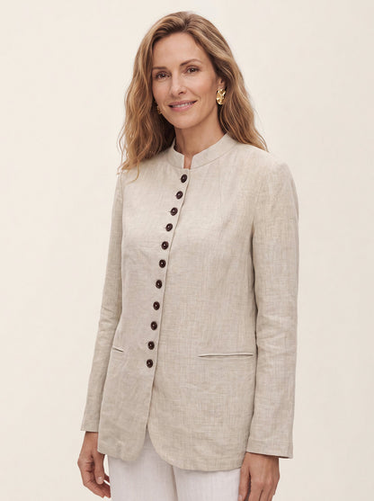 100% Linen Stand Collar Princess Seam Jacket ALIDA  DestGlow