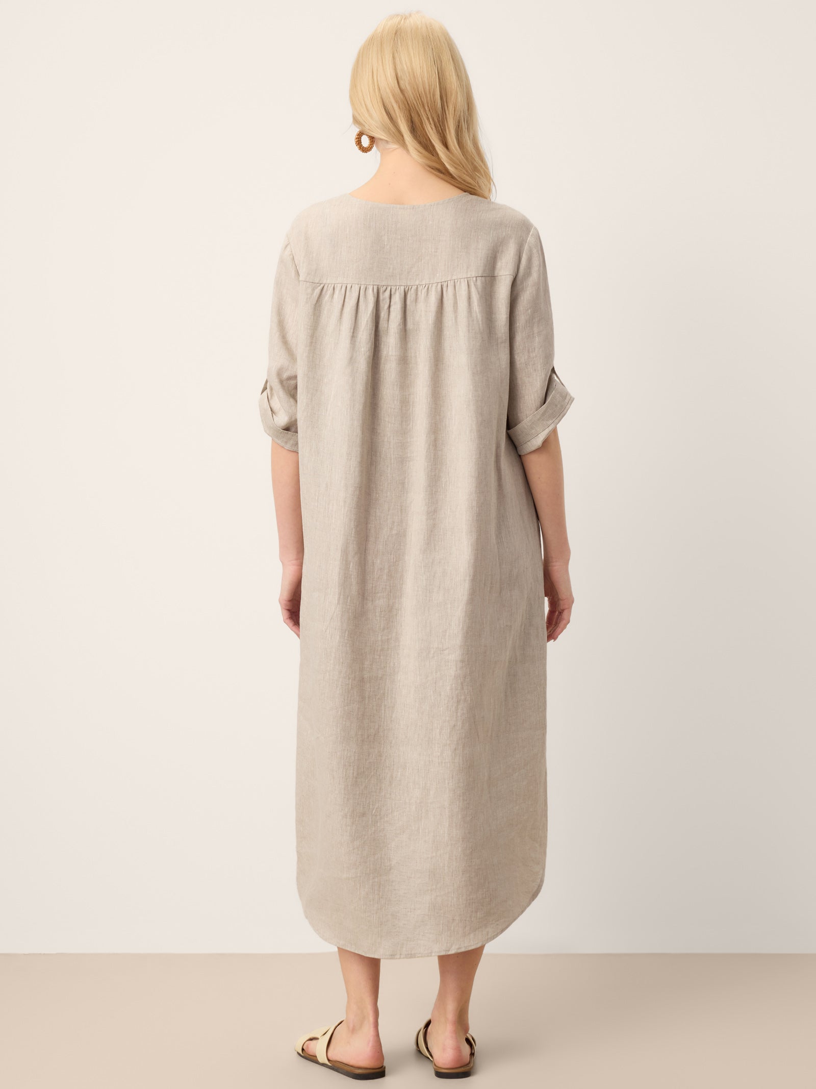 100% Linen Stand Collar V-Slit Tab Sleeve Midi Dress LEORA by LINTICO