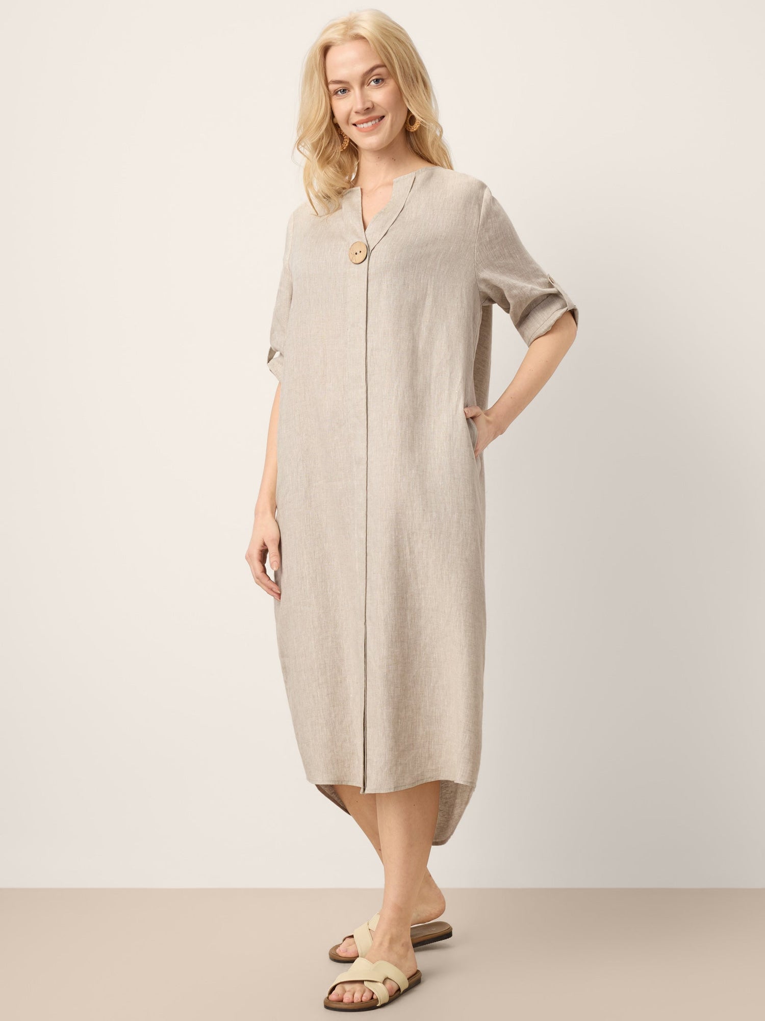 100% Linen Stand Collar V-Slit Tab Sleeve Midi Dress LEORA by LINTICO