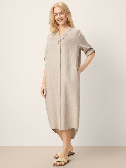 100% Linen Stand Collar V-Slit Tab Sleeve Midi Dress LEORA by LINTICO