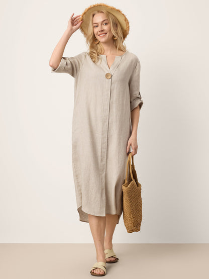 100% Linen Stand Collar V-Slit Tab Sleeve Midi Dress LEORA by LINTICO
