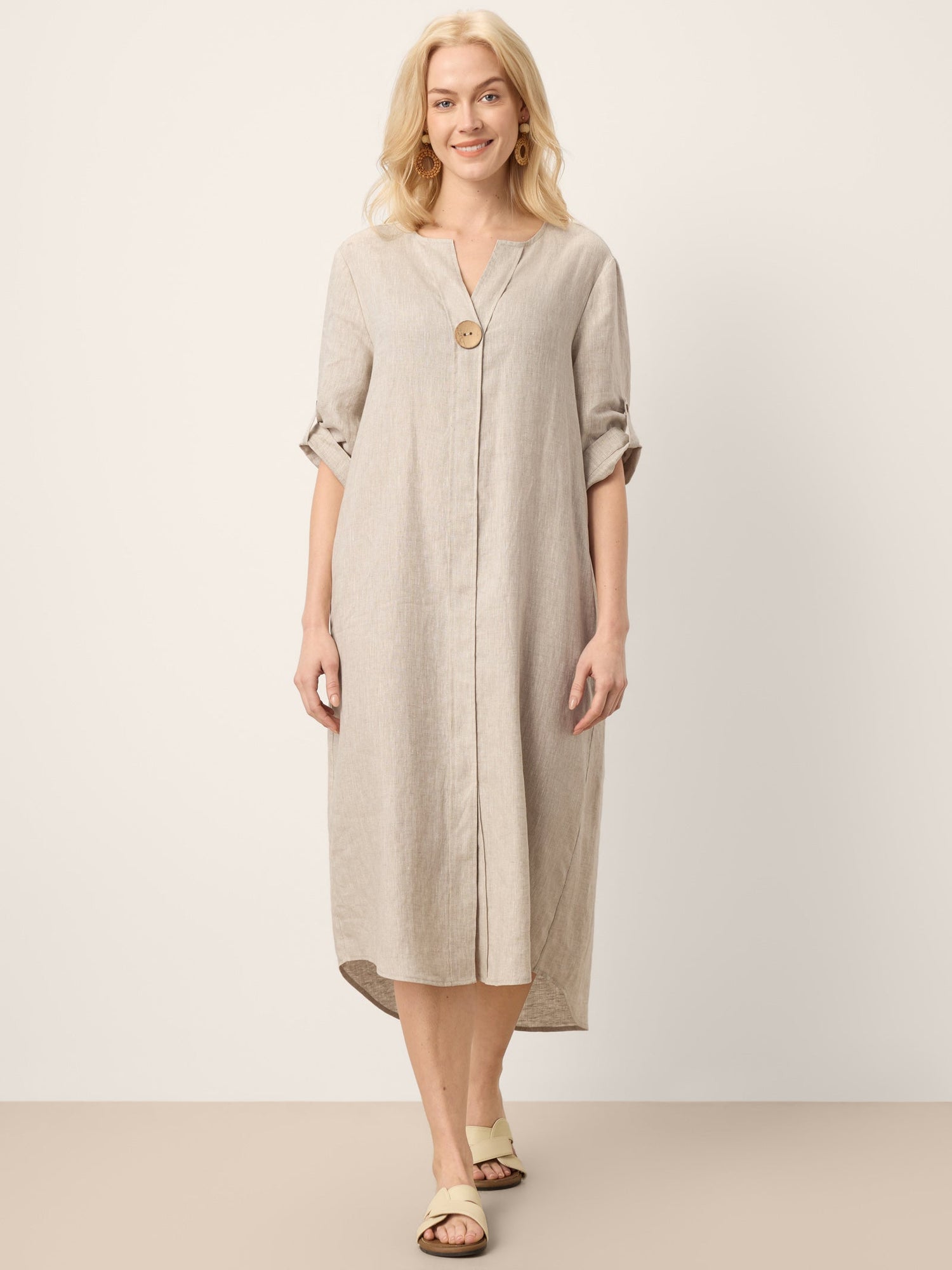 100% Linen Stand Collar V-Slit Tab Sleeve Midi Dress LEORA by LINTICO