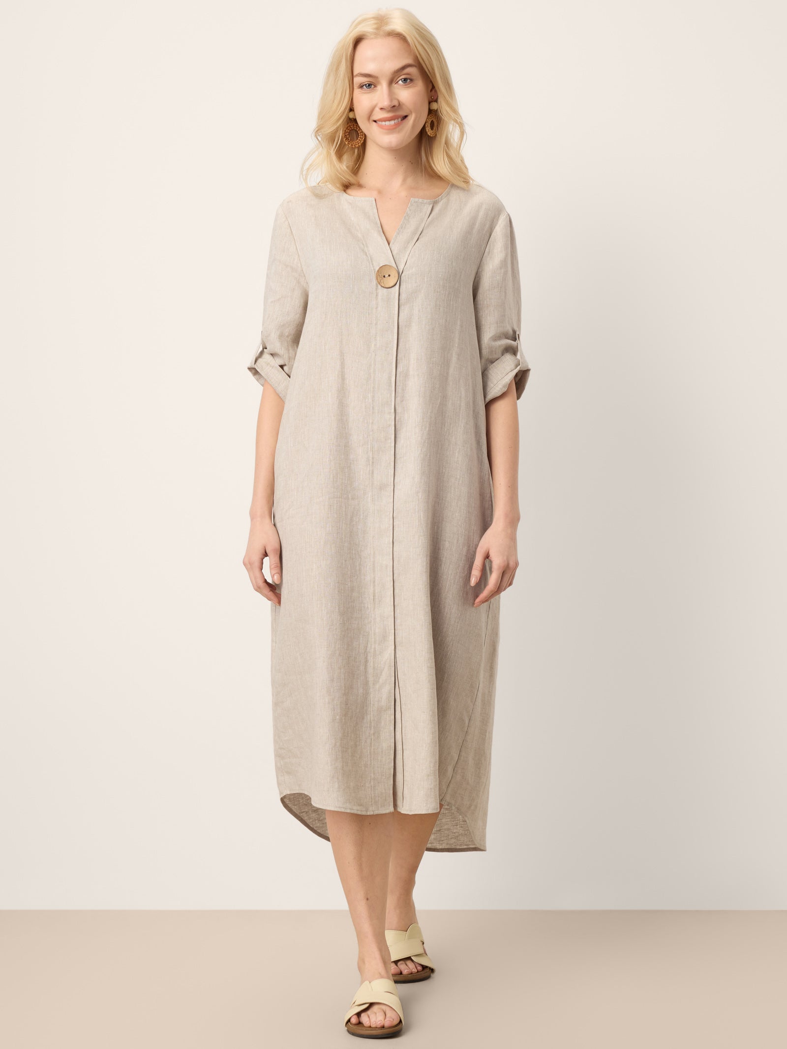 100% Linen Stand Collar V-Slit Tab Sleeve Midi Dress LEORA by LINTICO