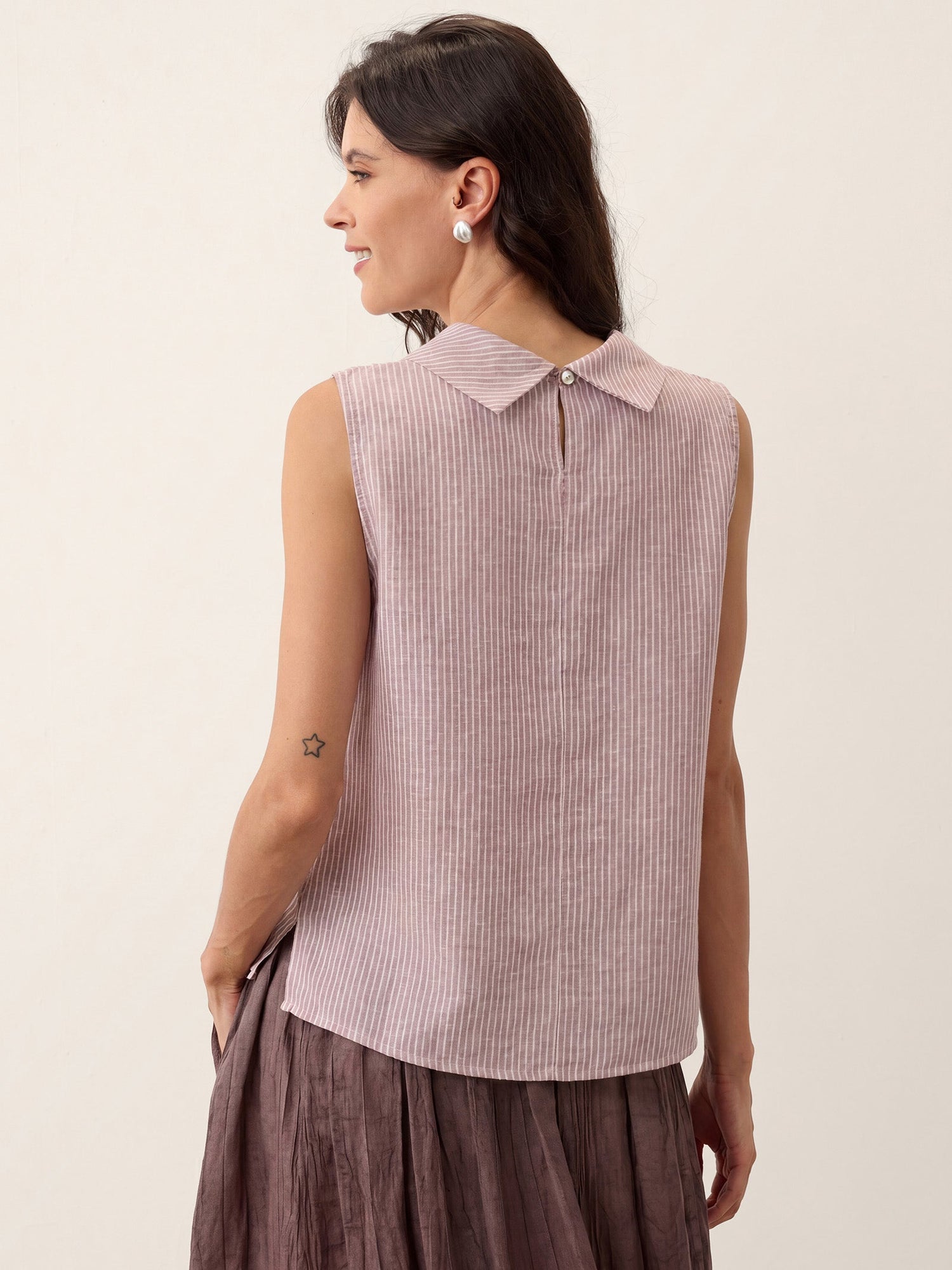 100% Linen Striped Diagonal Pleat Mock Neck Top ESTHER by LINTICO