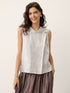 100% Linen Striped Diagonal Pleat Mock Neck Top ESTHER by LINTICO