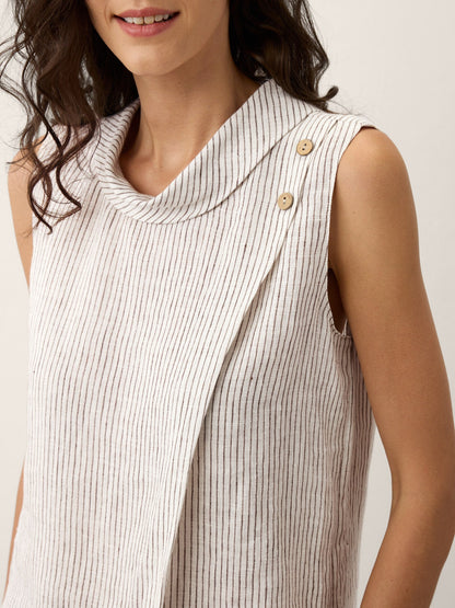 100% Linen Striped Diagonal Pleat Mock Neck Top ESTHER by LINTICO