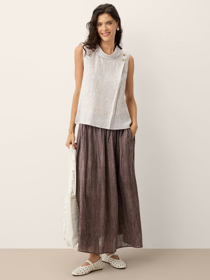 100% Linen Striped Diagonal Pleat Mock Neck Top ESTHER by LINTICO