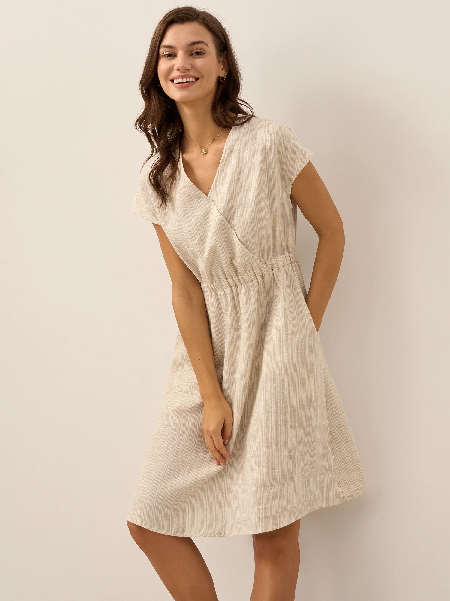 100% Linen Striped Elastic-Waist Mini Dress ARIA by LINTICO