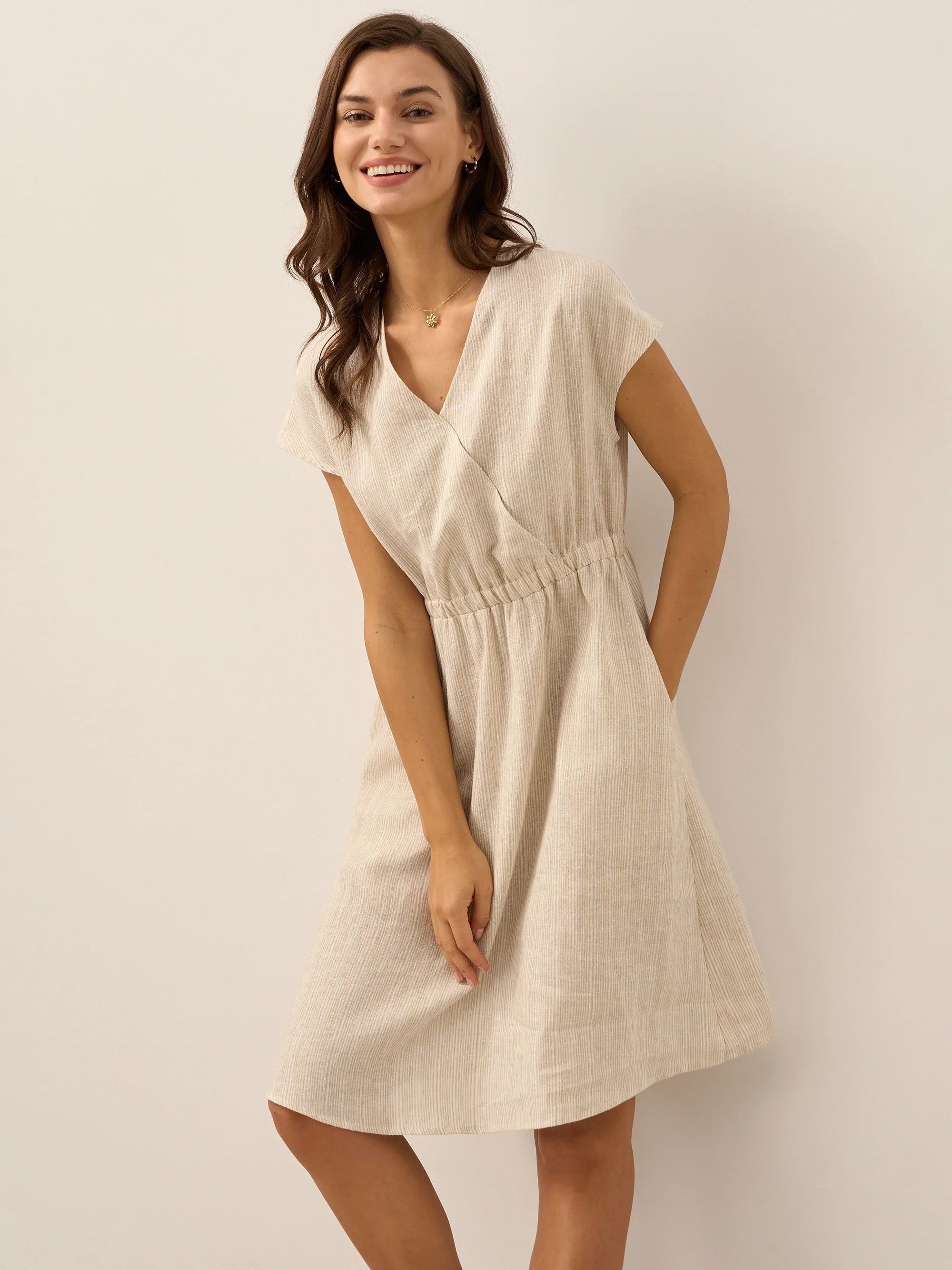 100% Linen Striped Elastic-Waist Mini Dress ARIA by LINTICO