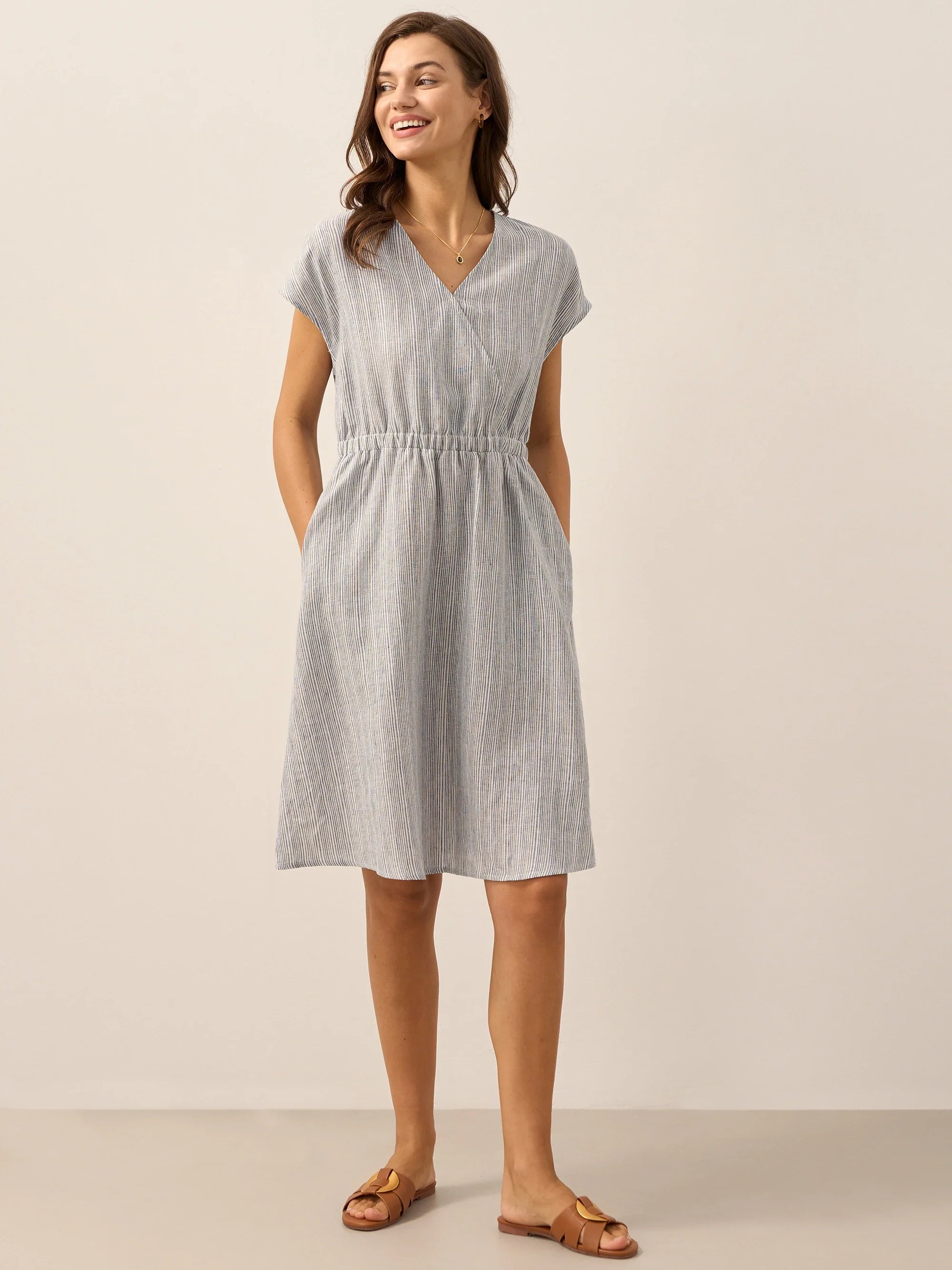 100% Linen Striped Elastic-Waist Mini Dress ARIA by LINTICO