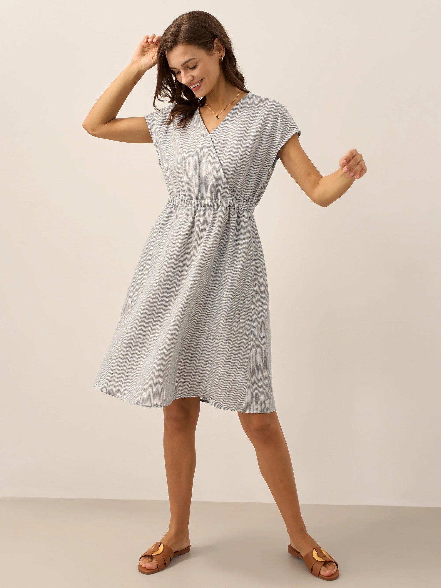 100% Linen Striped Elastic-Waist Mini Dress ARIA by LINTICO