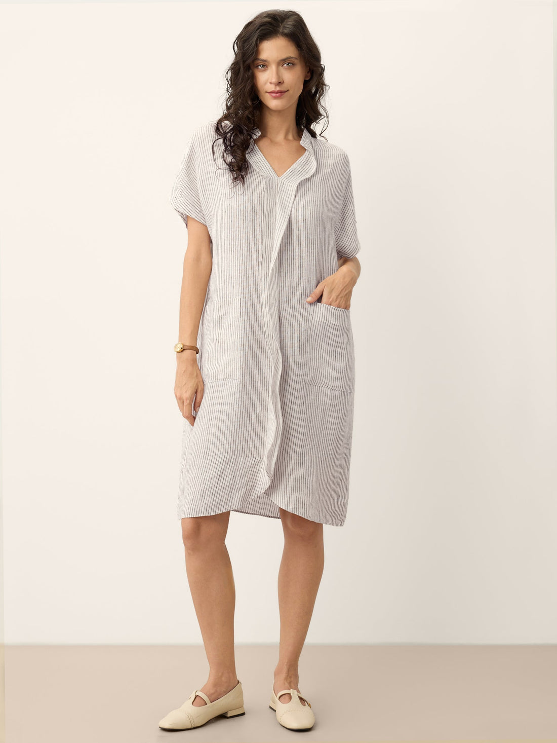 100% Linen Striped Ruffle Placket Shirt Dress GLORIA by LINTICO