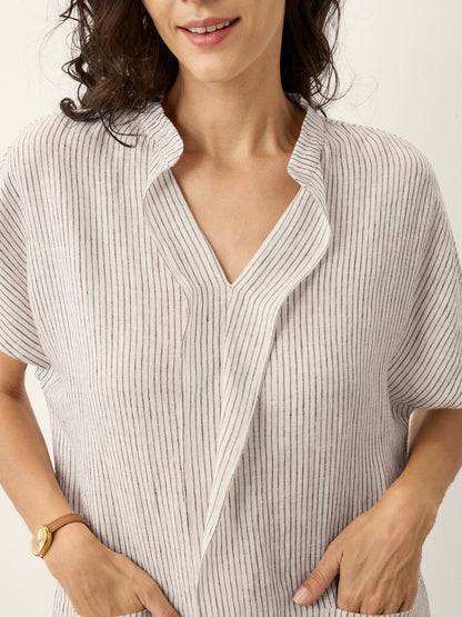 100% Linen Striped Ruffle Placket Shirt Dress GLORIA by LINTICO