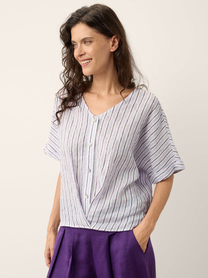 100% Linen Striped Surplice Cocoon Top CATHERINE by LINTICO