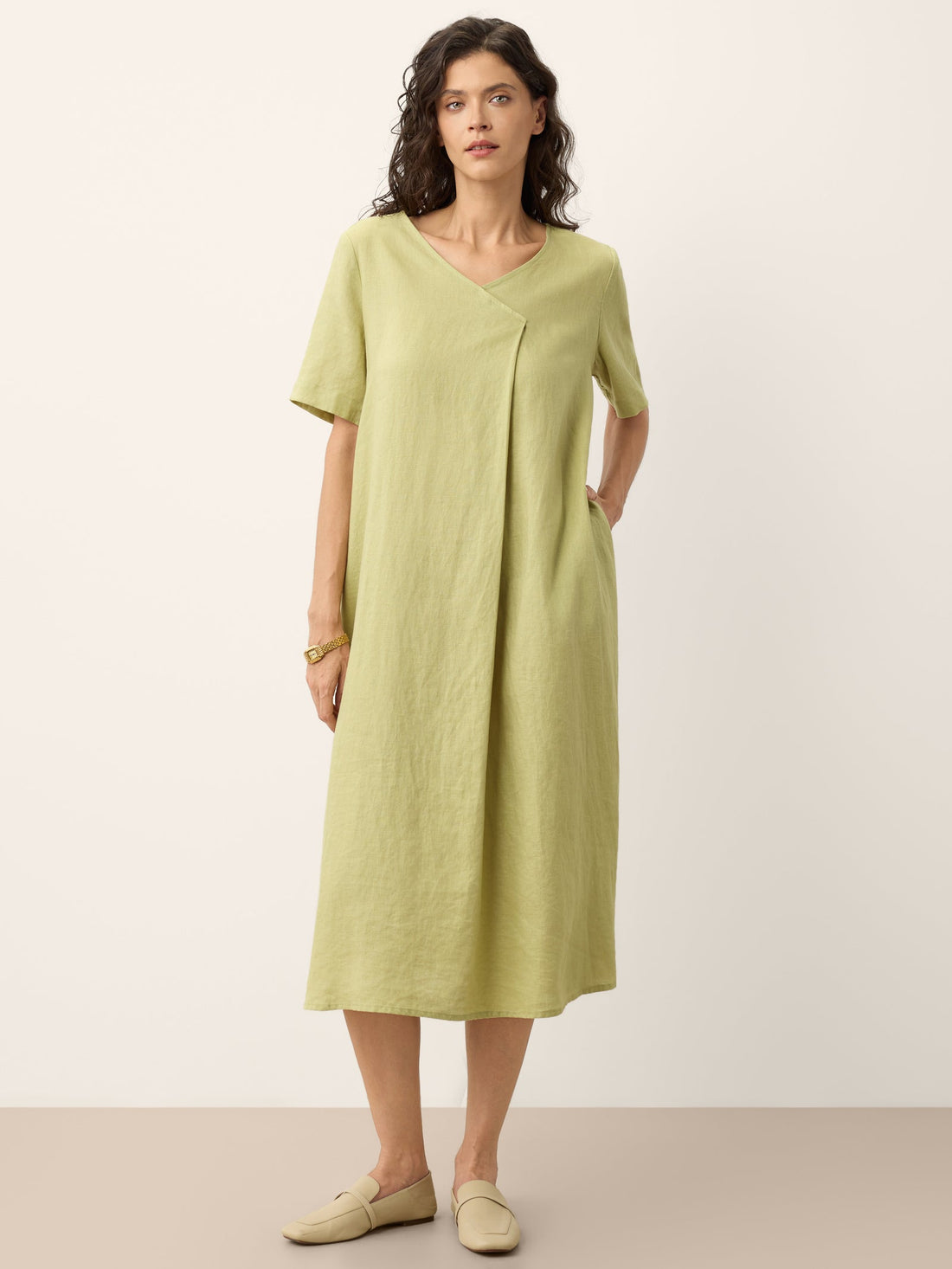 100% Linen Surplice Neck A Line Midi Dress JUDITH by LINTICO